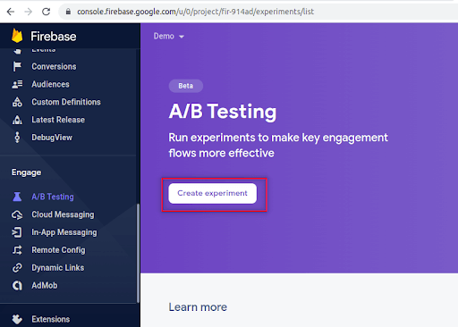 Step 1 to configure AB Testing Console -  Click the A/B testing item from the left side menu and click the Create Experiment button. 