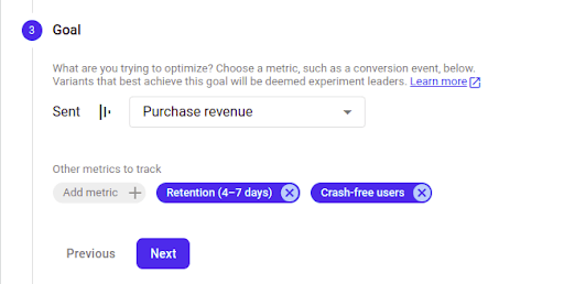 Firebase A/B test experiment Goal condition selection