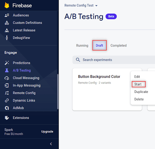 Firebase A/b Test starting to experiment