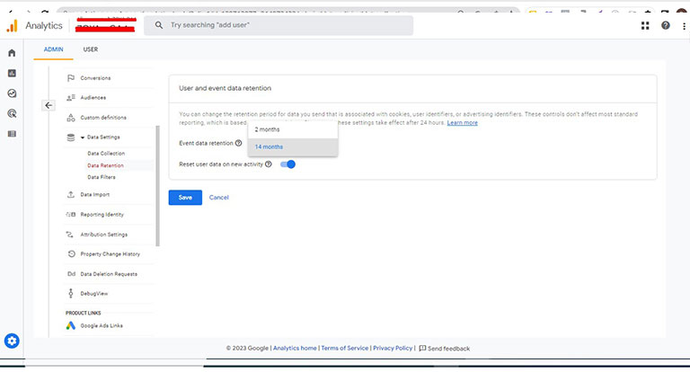 Data retention setting in GA4 standard