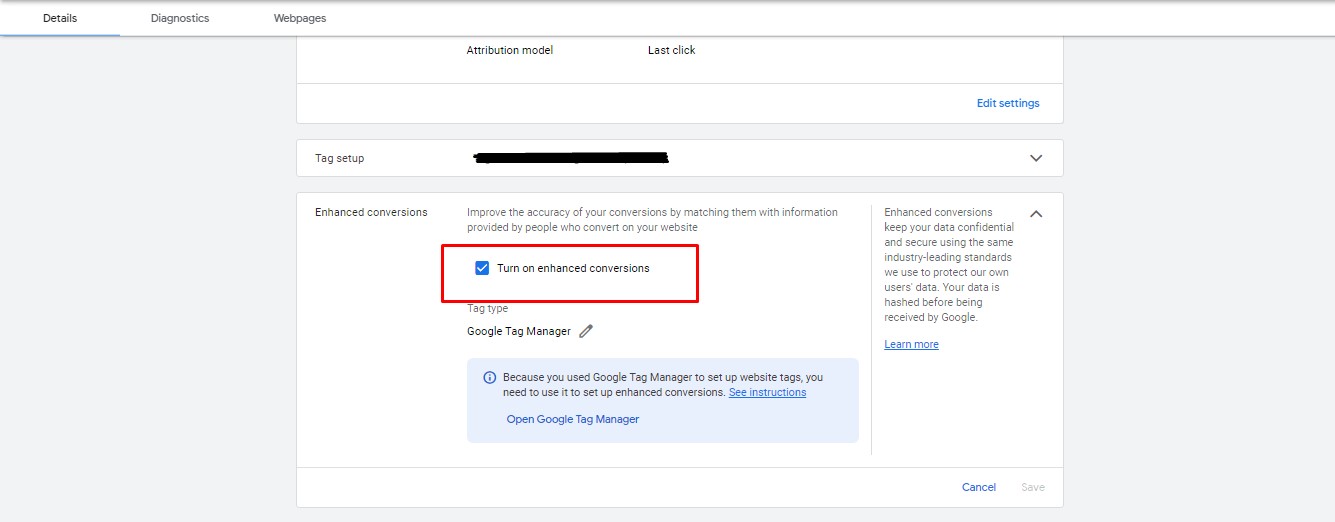 Google Ads UI showcasing option of enabling Enhanced Conversions