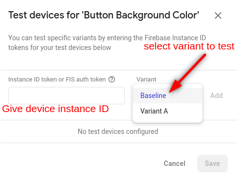 Run Firebase variant A/B test on test device