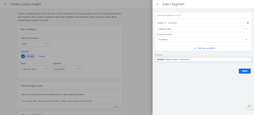 Screen to create Custom Insights