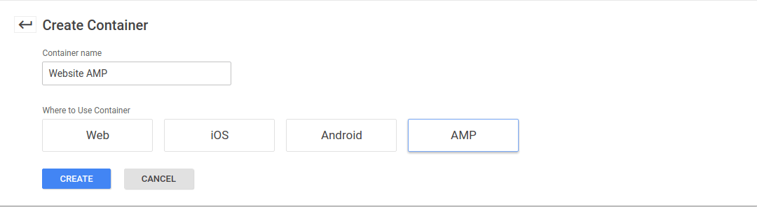 new container for AMP in Google Tag Manager