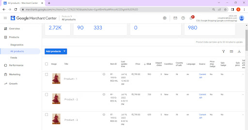 Google merchant center: Products List