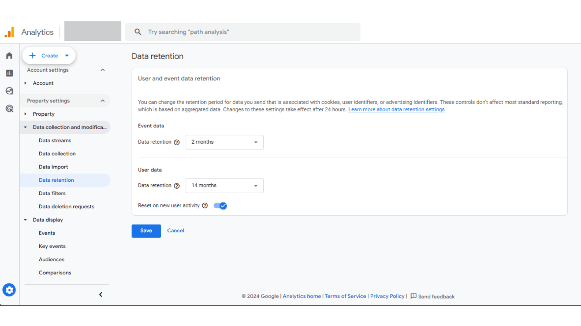 For standard Google Analytics 4 properties, you can set the retention period for user-level and key event data to either 2 months or 14 months. In Google Analytics 360, the retention options expand, allowing you to retain all other event data for 2 months, 14 months, 26 months, 38 months, or 50 months. 